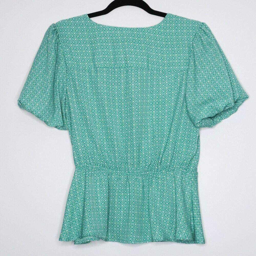 Meraki Womens‎ Blouse Size Large Teal Green Geometric Peplum Tie Waist Boho - Picture 2 of 8